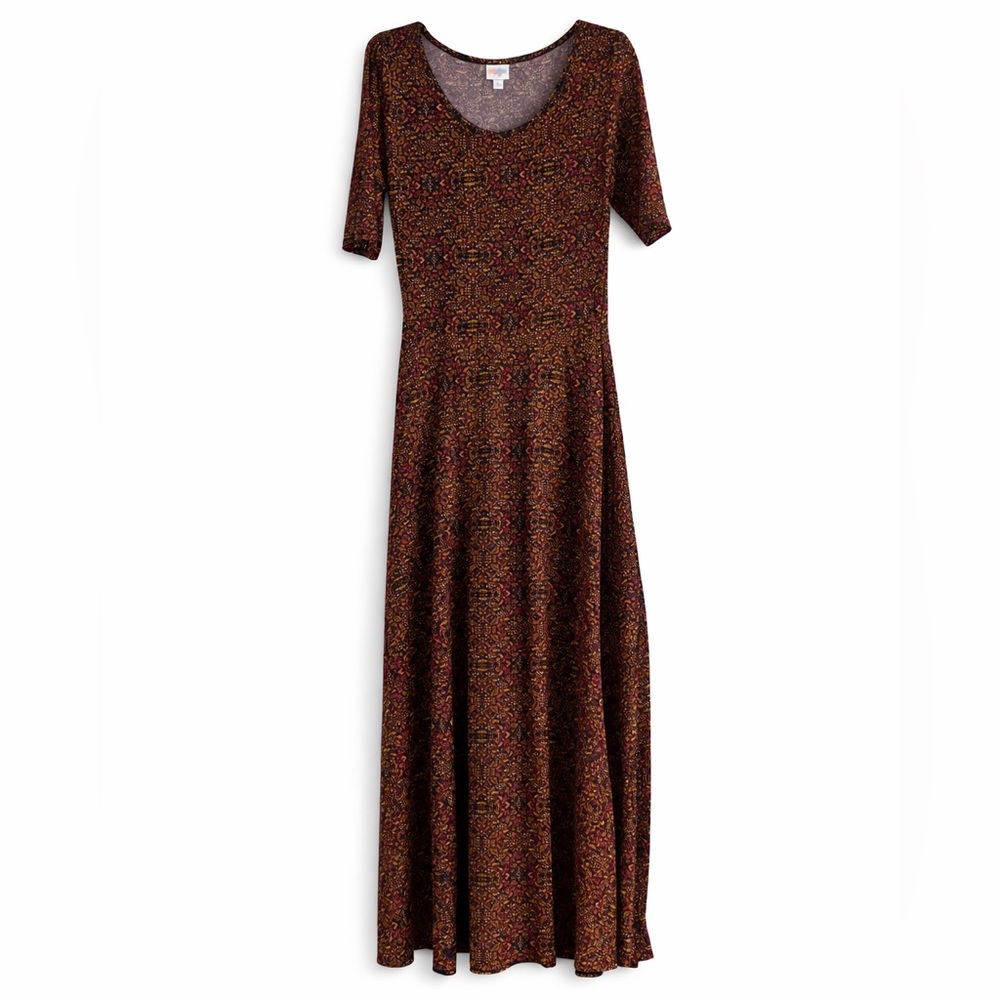 LuLaRoe Anna Maxi Dress Burgundy Gold Paisley Print Stretch Knit Size L
